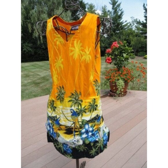 Vtg CZ Cover Up Sequined Dress & Beaded Purse Orange Yellow Blue Sequined Parrot - Picture 2 of 10